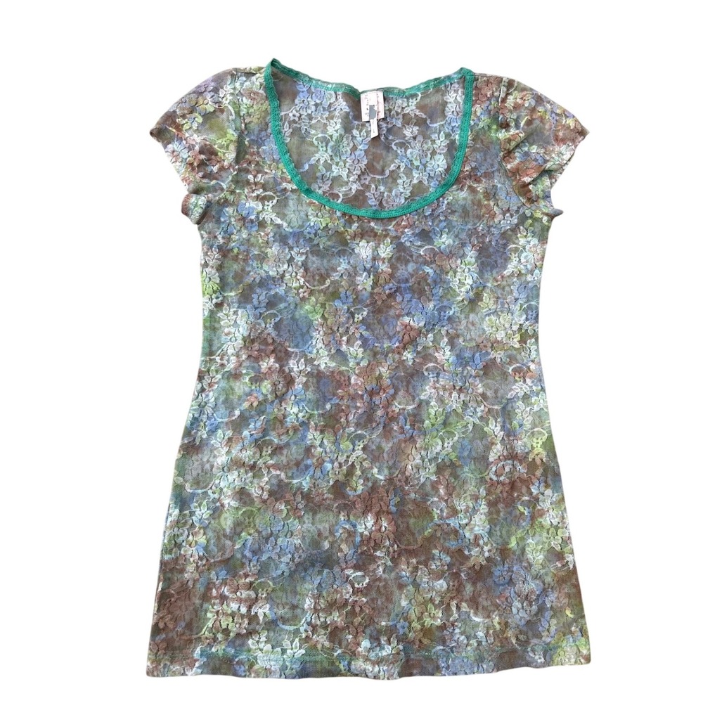 rue21 Womens Large Sheer Floral Lace Mesh Top Green Blue Short Sleeve Y2K